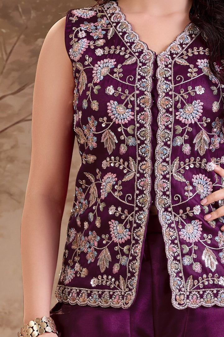 Wine Multicolor Embroidery, Beads and Sequins work Palazzo Suit Set for Girls