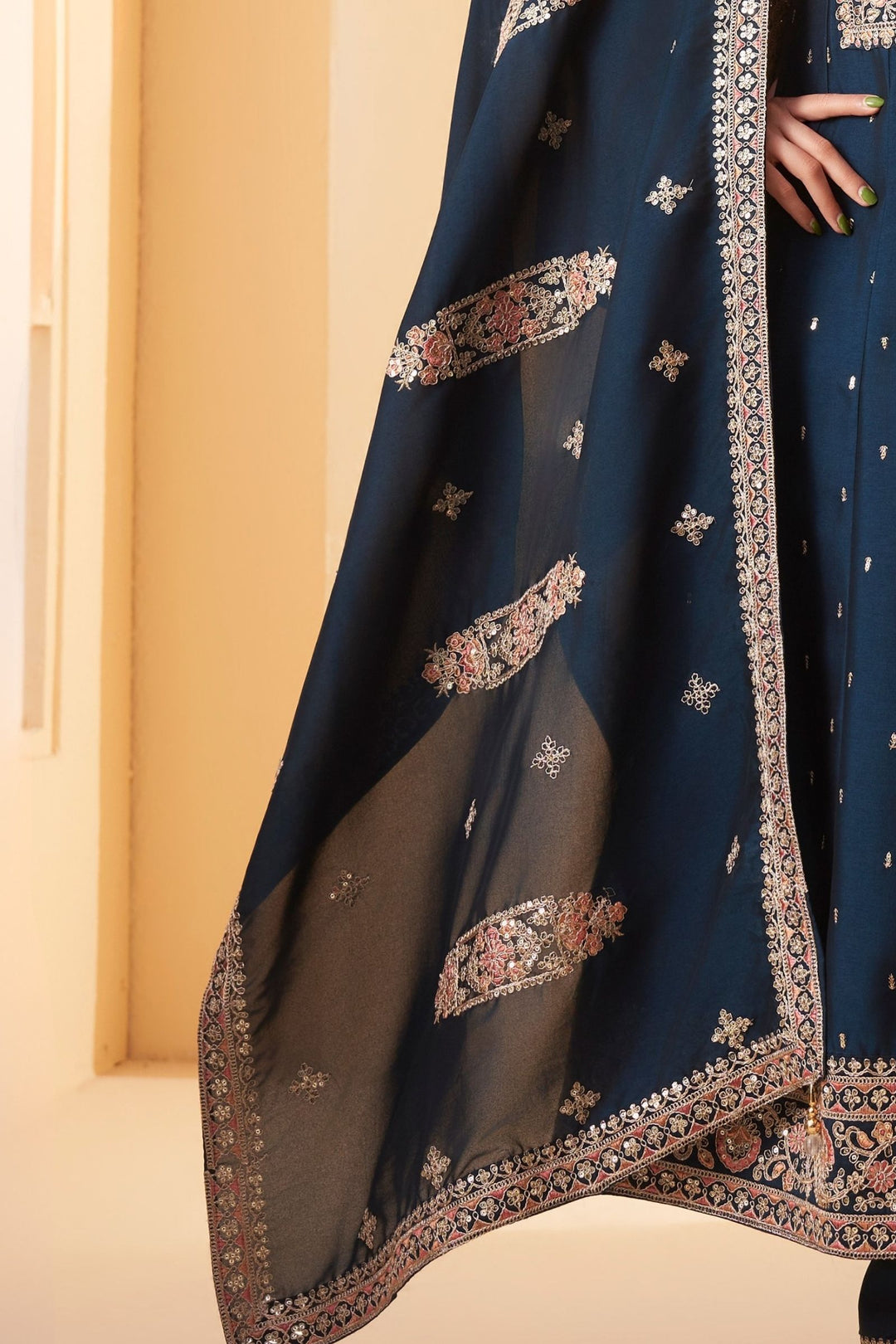 Peacock Blue Sequins, Zari and Multicolor Thread work Anarkali Style Salwar