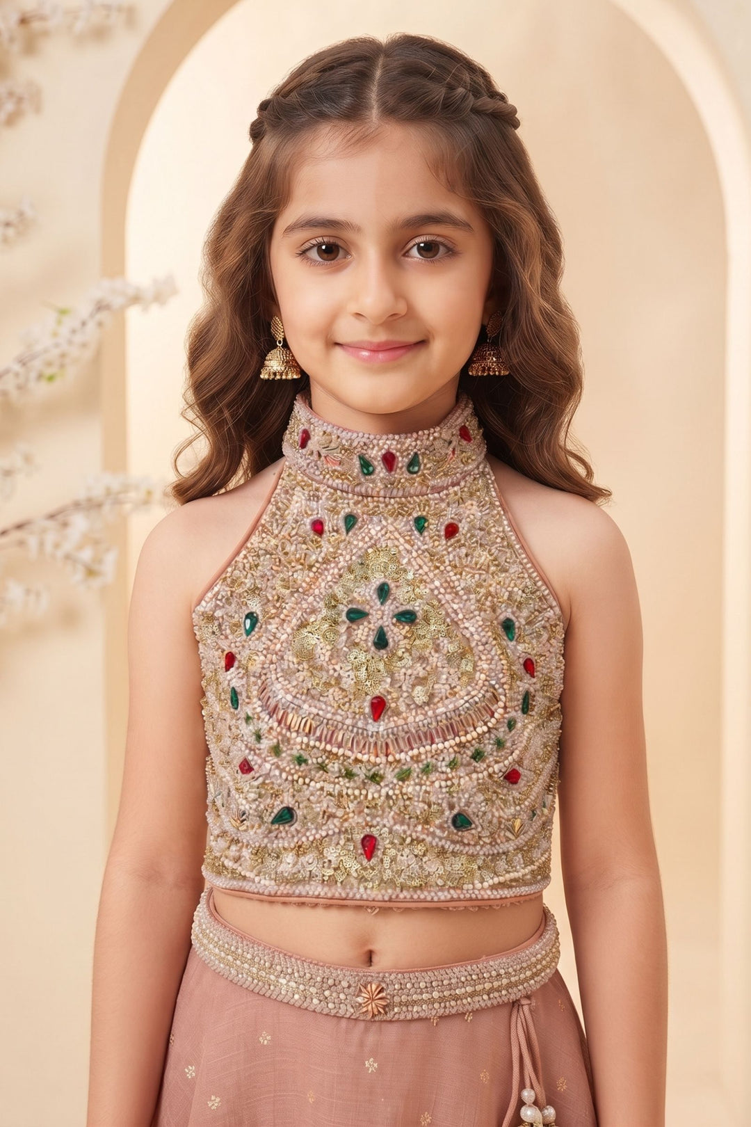 Peach Halter Neck Girls Lehenga Choli with Zari, Beads and Stone work
