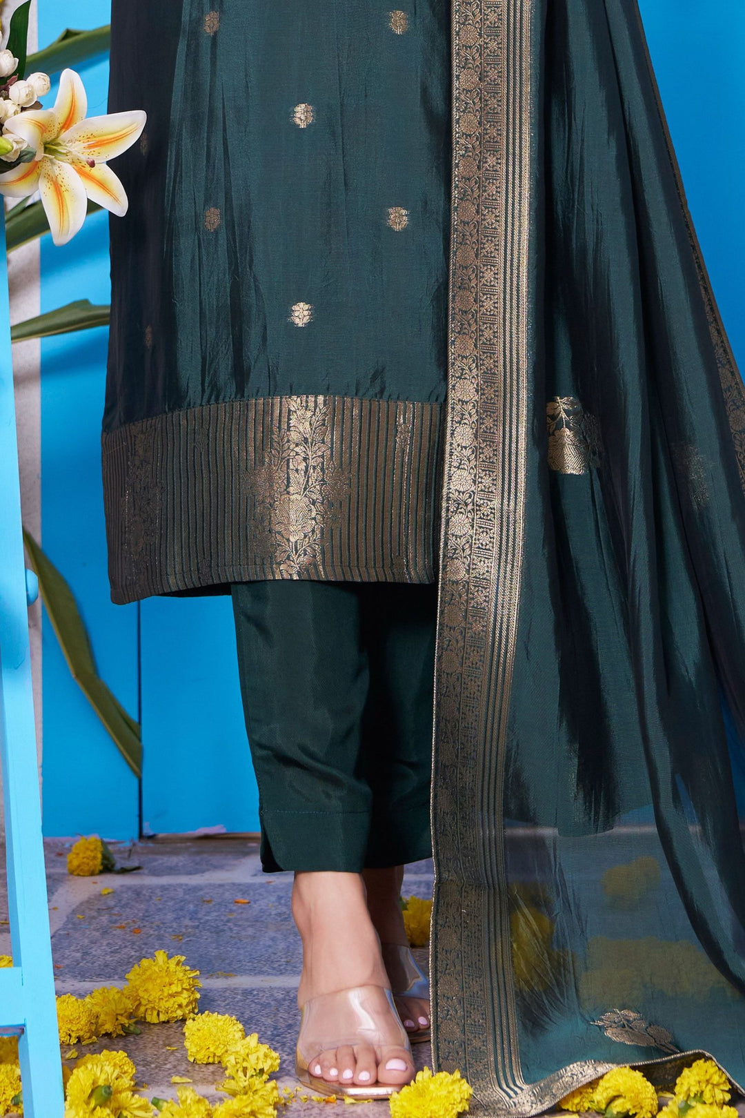 Bottle Green Banaras, Beads, Thread and Zardozi work Straight Cut Salwar Suit