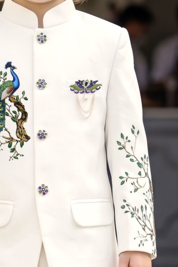 White Peacock Applique Jodhpuri Suit for Boys