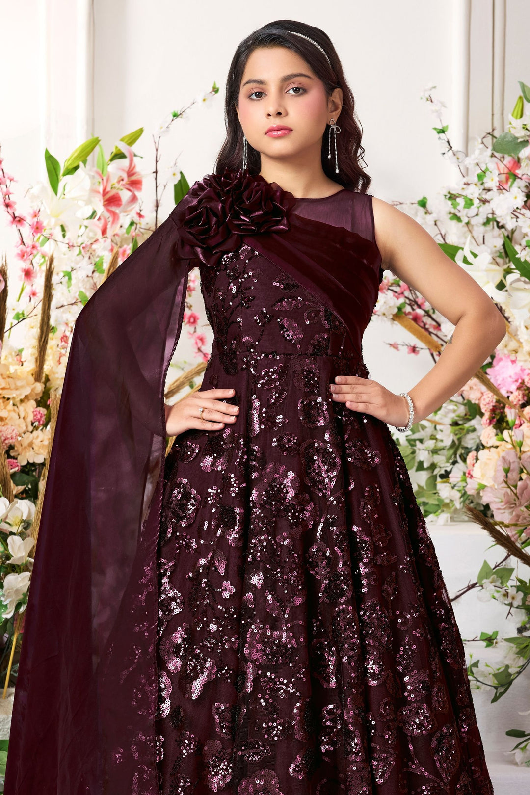 Wine Sequins work Long Party Gown for Girls