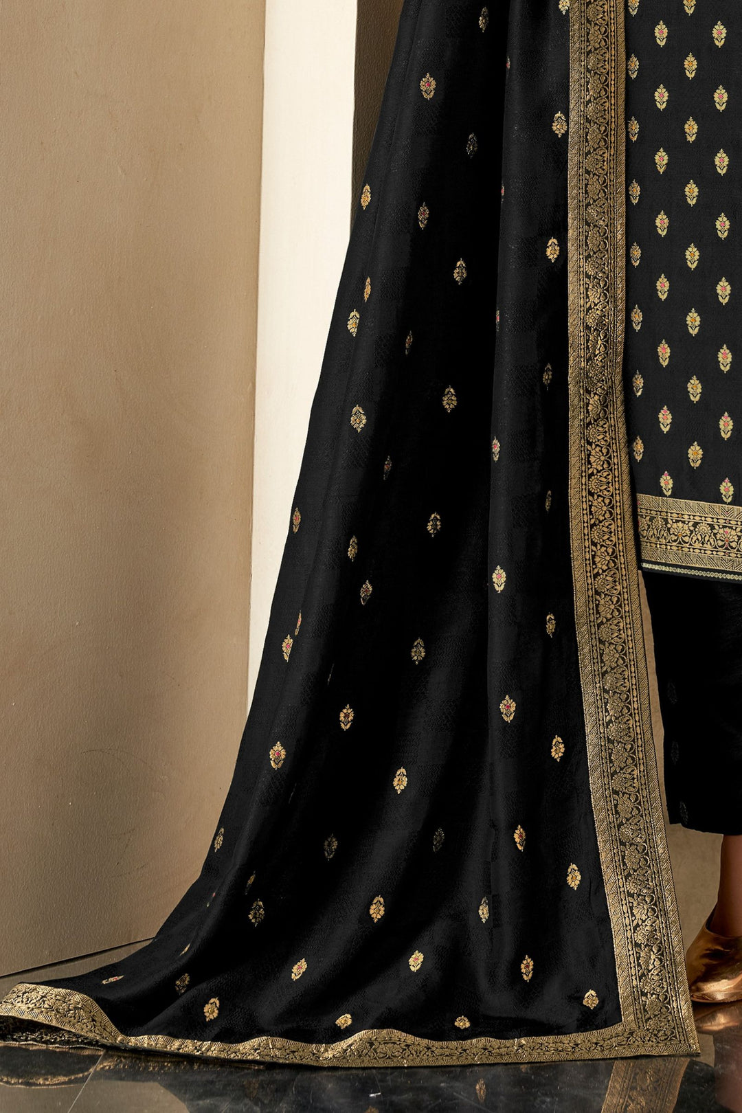 Black Banaras, Zardozi, Beads, Stone and Thread work Straight Cut Salwar Suit