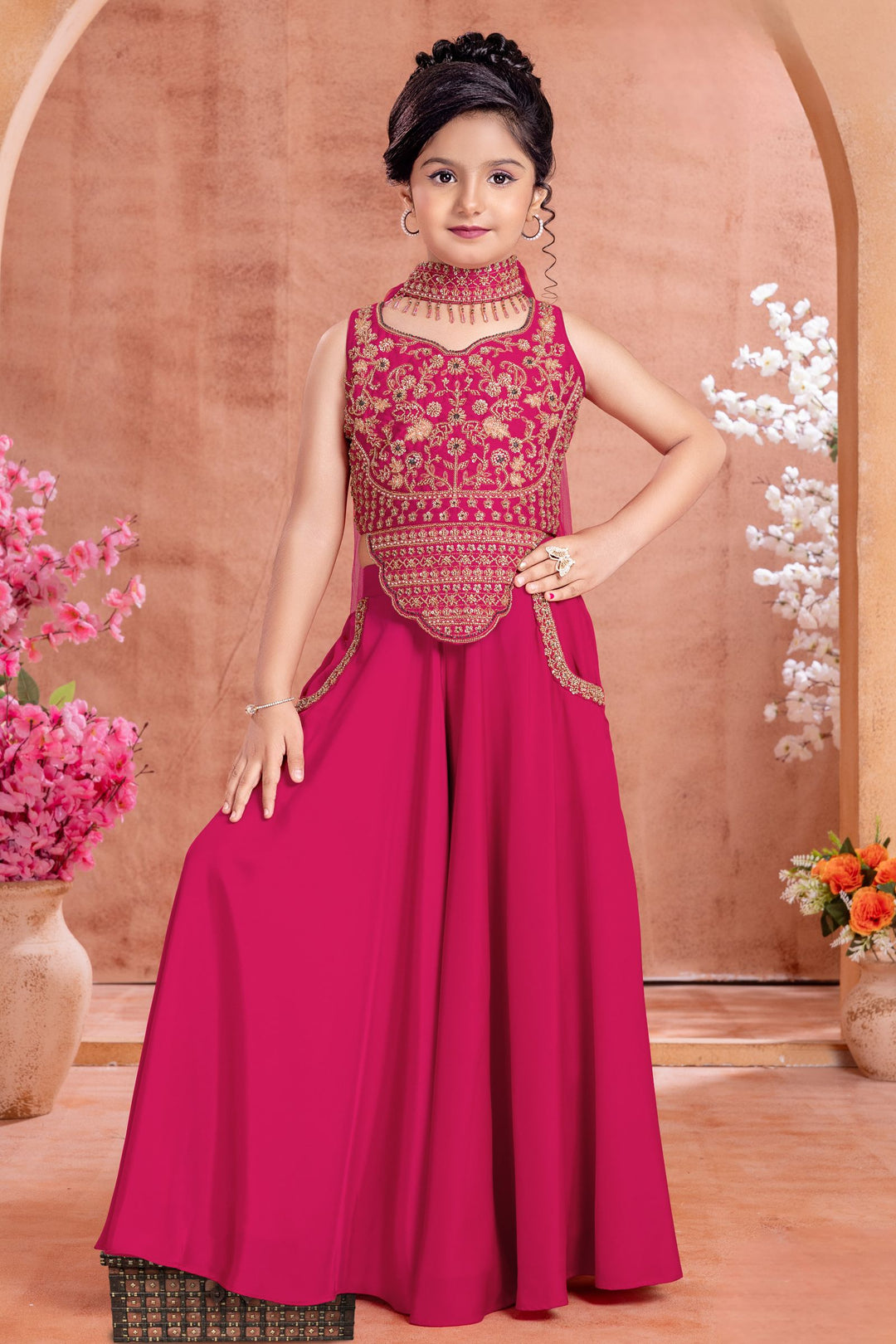 Rani Pink Beads, Sequins, Zari and Thread work Palazzo Suit Set for Girls