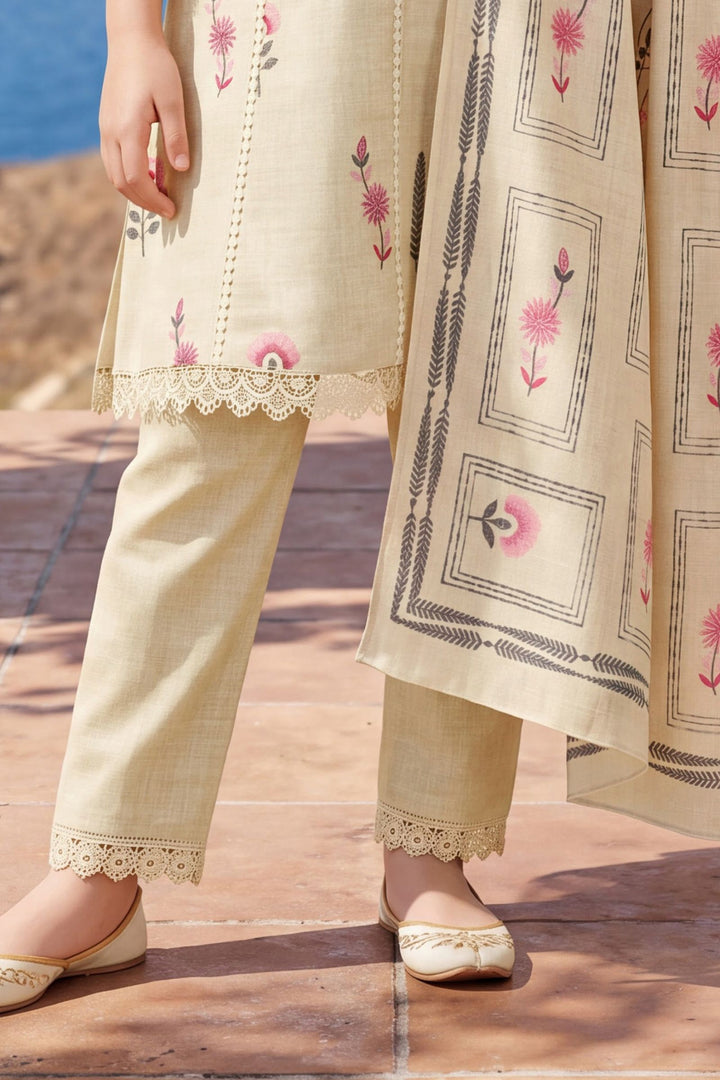 Cream Embroidery and Sequins work Salwar Suit for Girls
