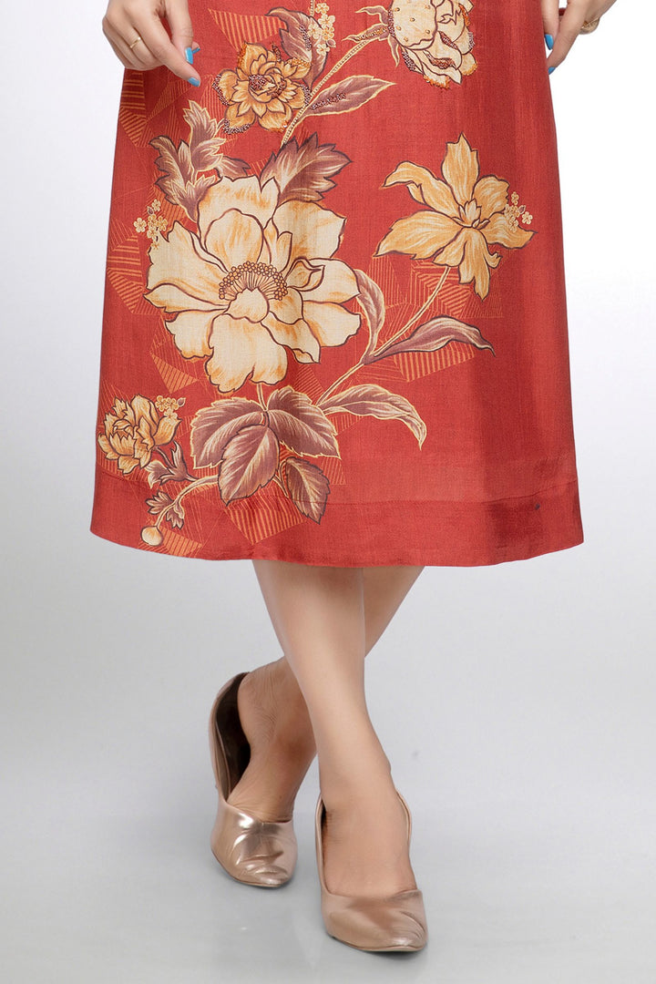 Brick Red Beads and Sequins work with Floral Print Calf Length Kurti