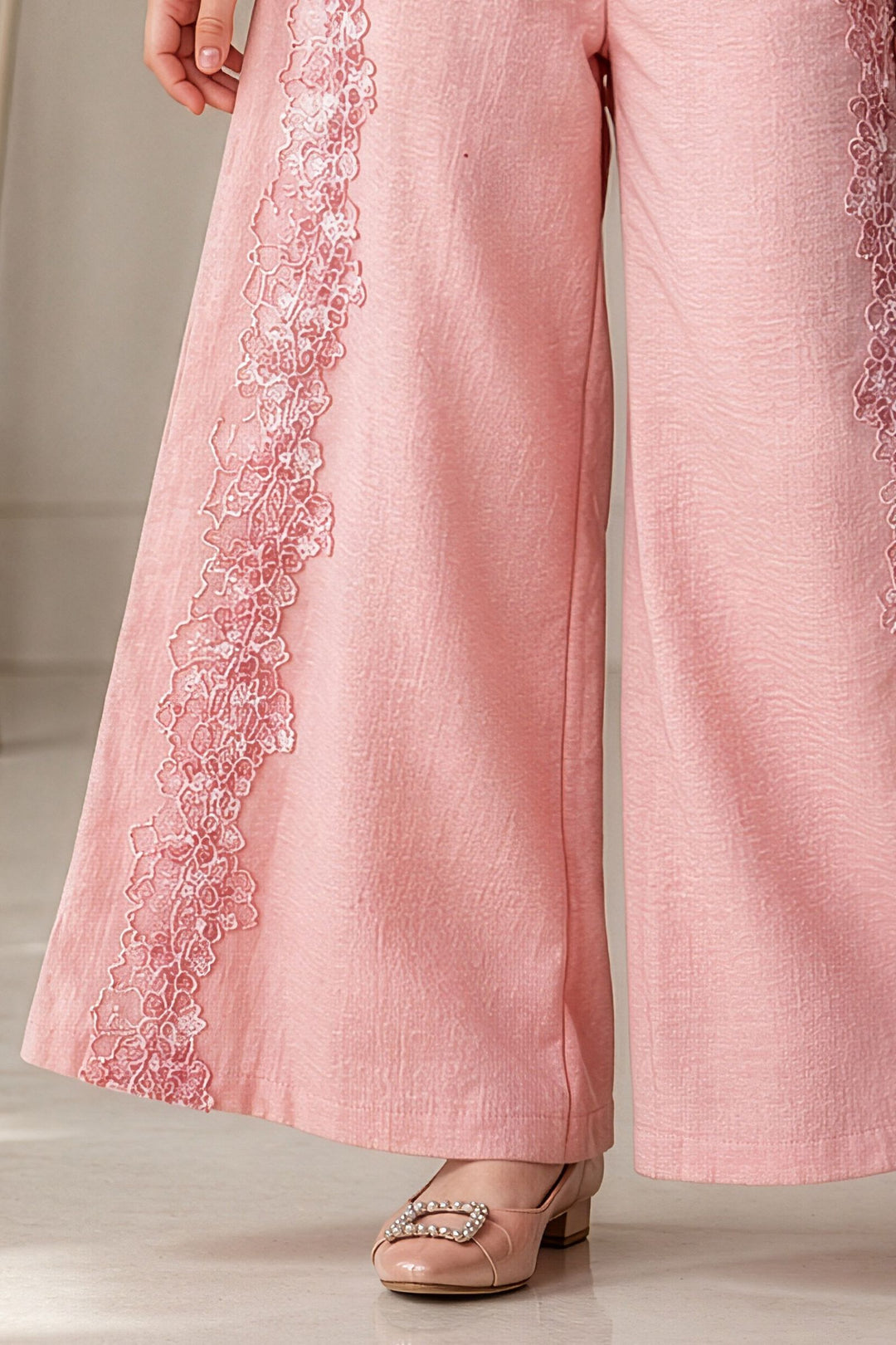 Peach Lace Embroidery work Top and Palazzo Set for Girls