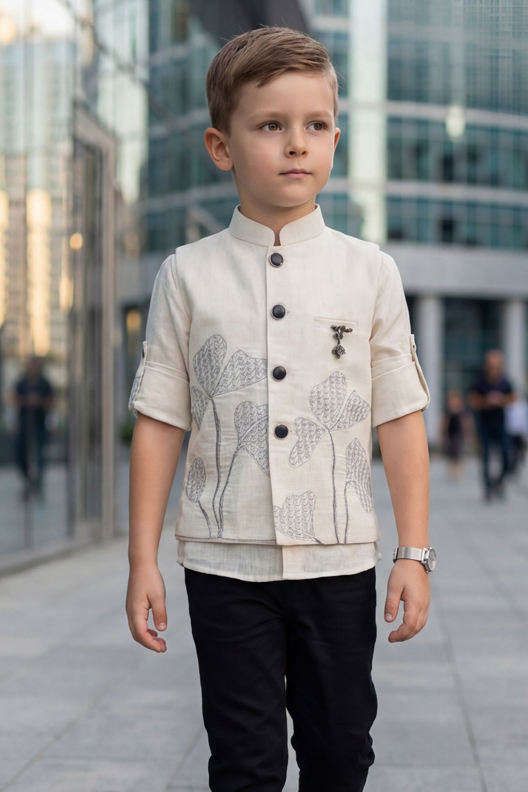 Cream Thread work Waist Coat and Black Pant Set for Boys with Belt