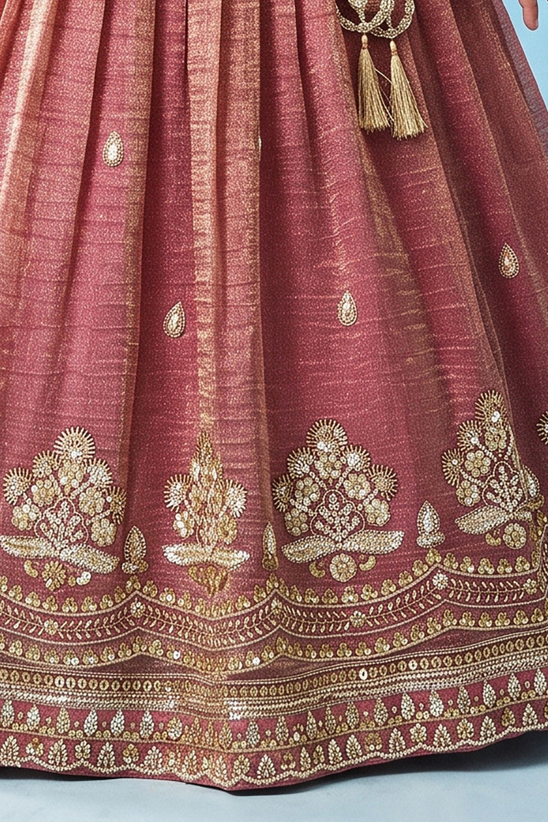Peach Beads, Sequins and Zari work Lehenga Choli for Girls