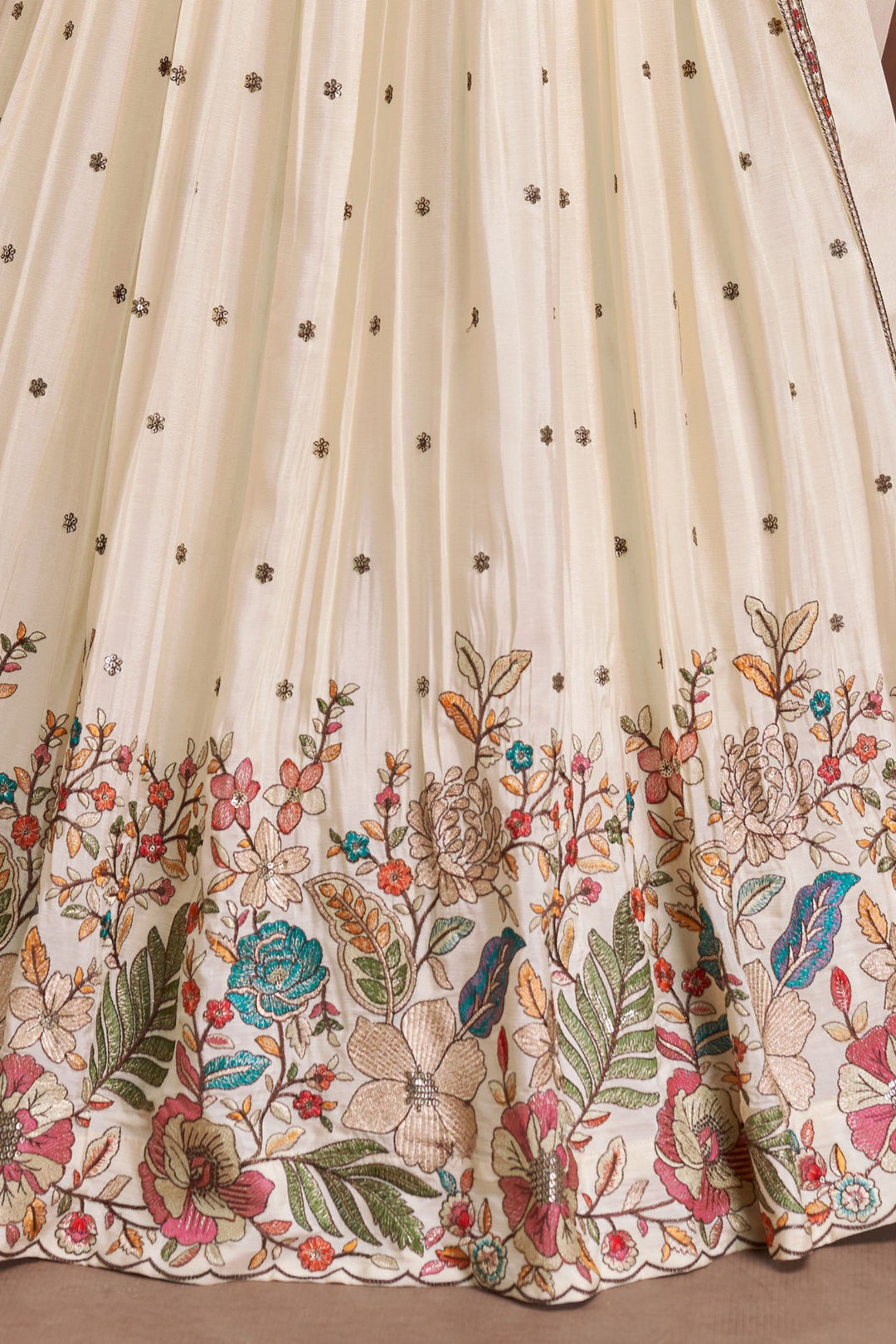 Cream Multicolor Embroidery, Beads and Sequins work Lehenga