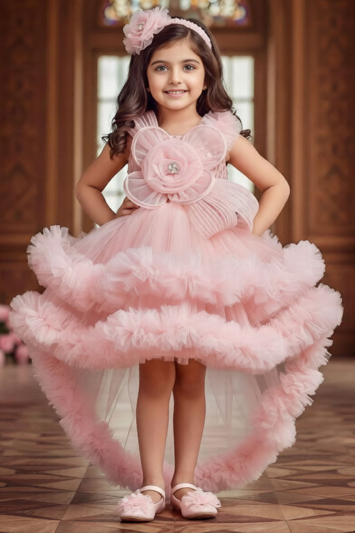 Light Peach Sequins work Tail Cut Double Layered Partywear Frock for Girls