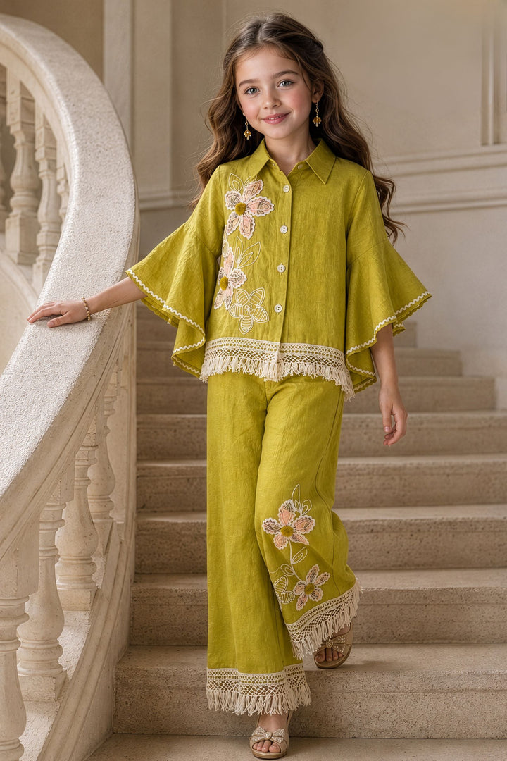 Liril Green Thread and Lace work Co-ord Set for Girls