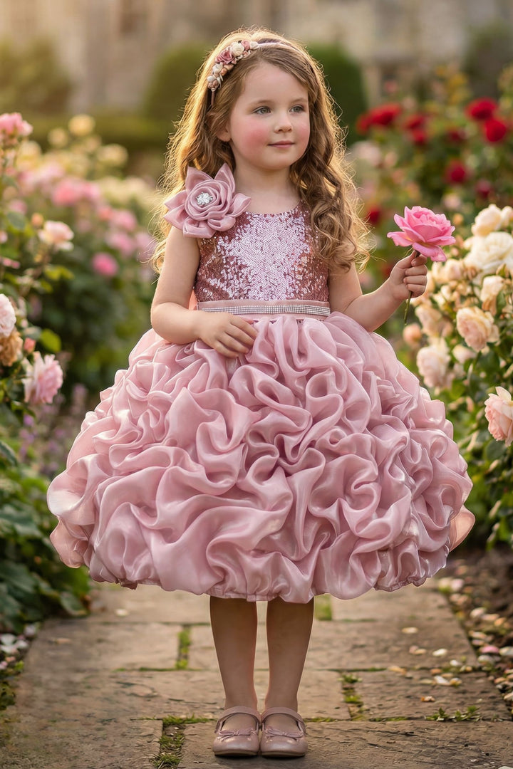Onion Pink Sequins and Beads work Short Partywear Frock for Girls