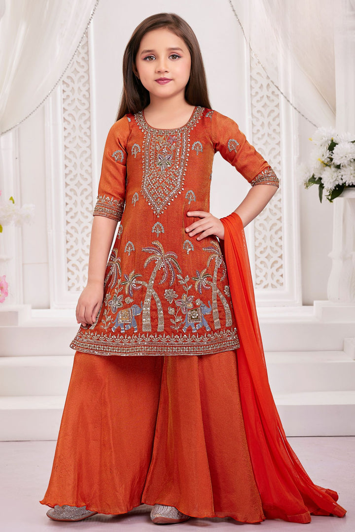 Orange Beads, Zari and Thread work Palazzo Suit Set for Girls