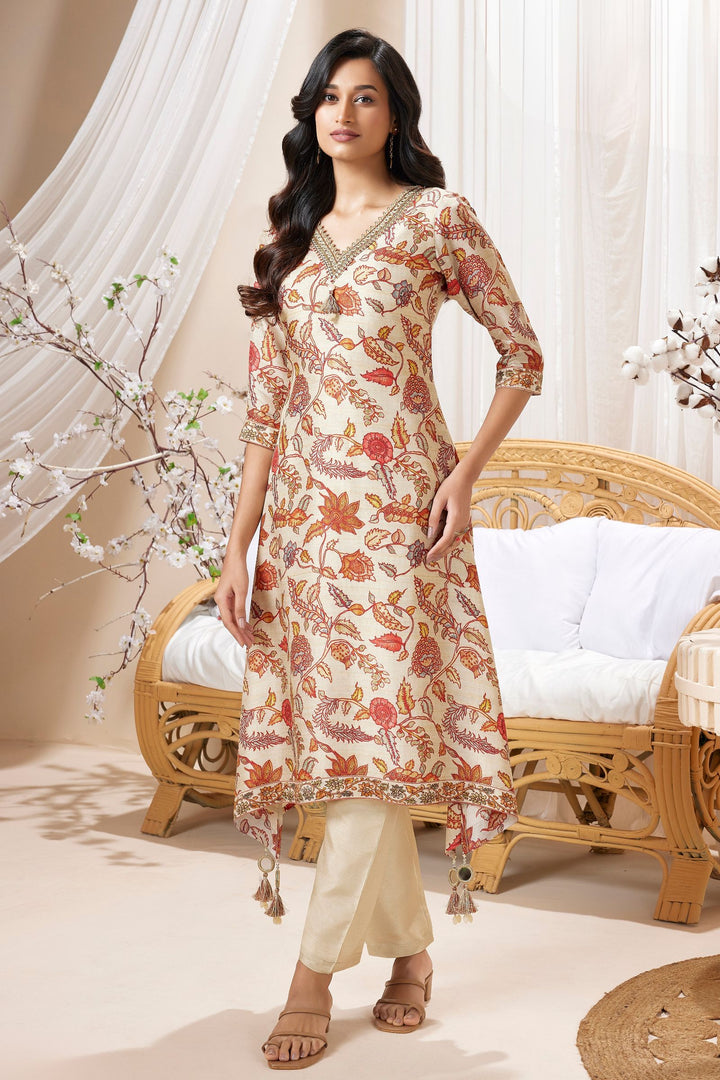 Beige Mirror and Zari work with Floral Print A-line Cut Salwar Suit
