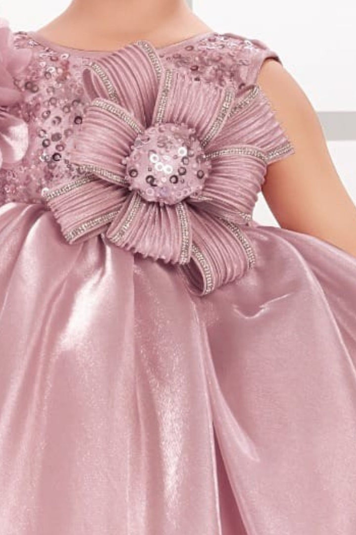 Onion Pink Stone and Sequins work Short Partywear Frock for Girls