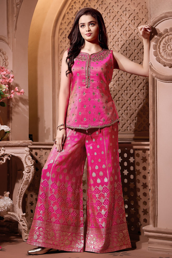 Rani Pink Beads, Mirror, Sequins, Banaras Zari and Thread work Palazzo Suit Set for Girls