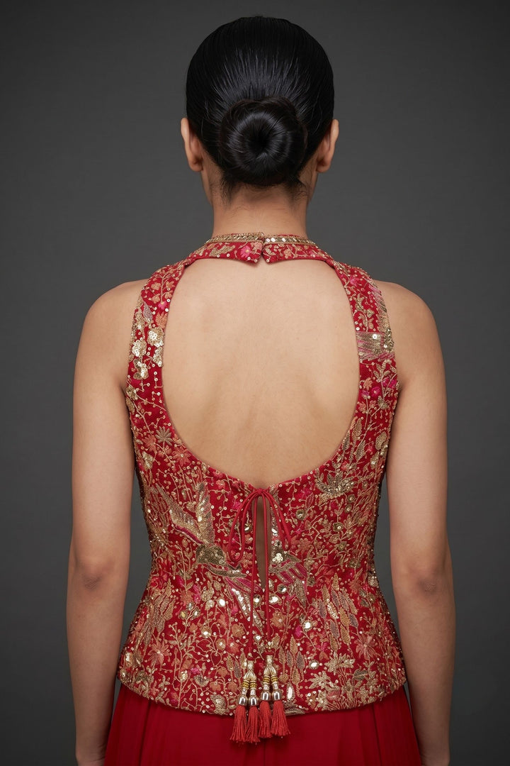 Red Mirror, Stone, Beads, Sequins, Thread and Zari work Palazzo Salwar Suit