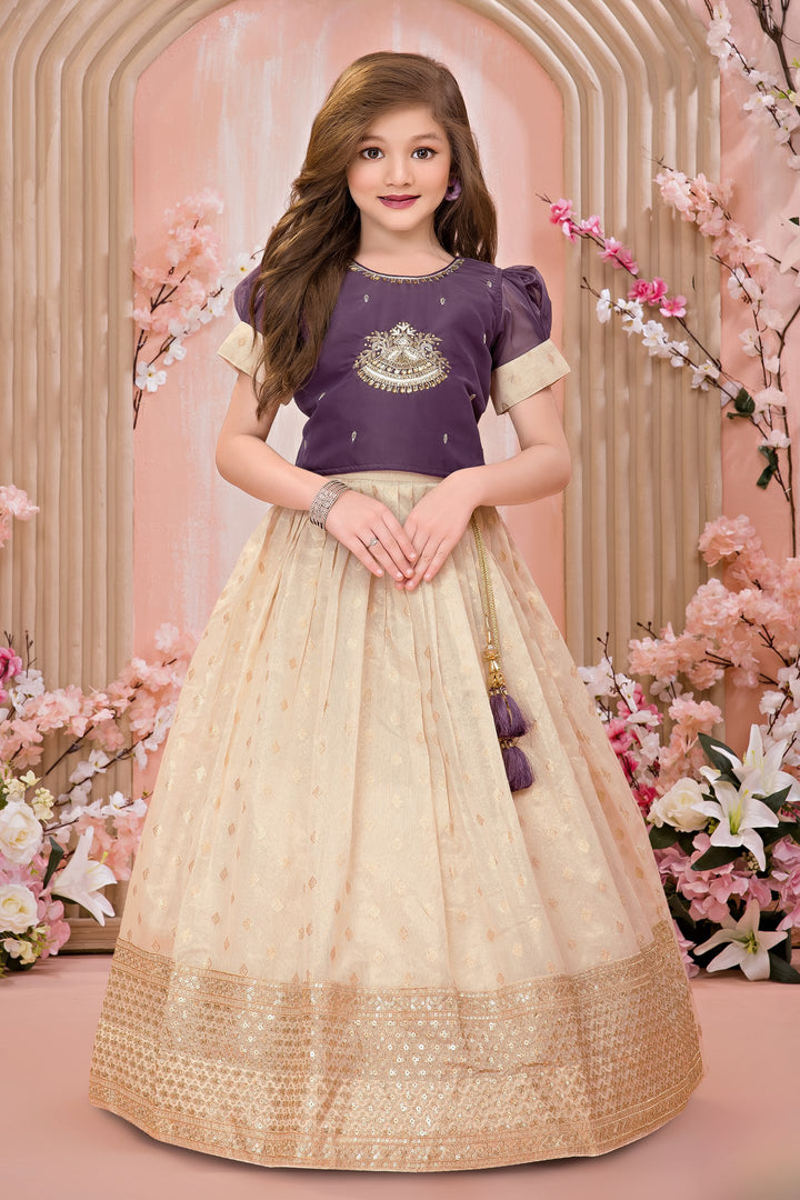 Purple with Cream Stone, Beads, Zari, Sequins and Thread work Lehenga Choli for Girls