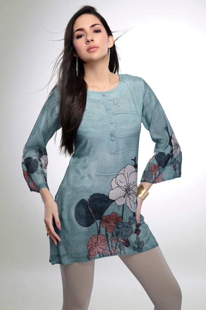 Greyish Blue Floral Print Short Kurti