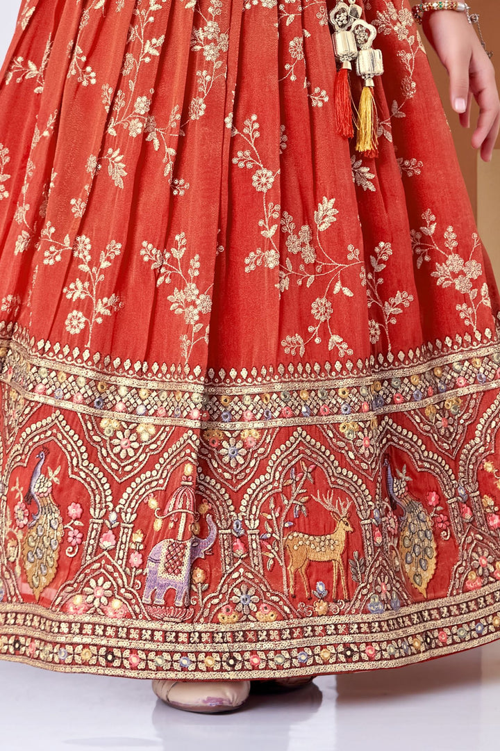 Tomato Red Beads, Sequins, Zari and Embroidery work Lehenga Choli for Girls