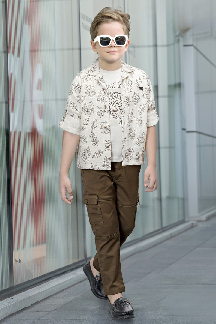 Cream Digital Print Blazer, Printed T-Shirt and Brown Pant Set for Boys