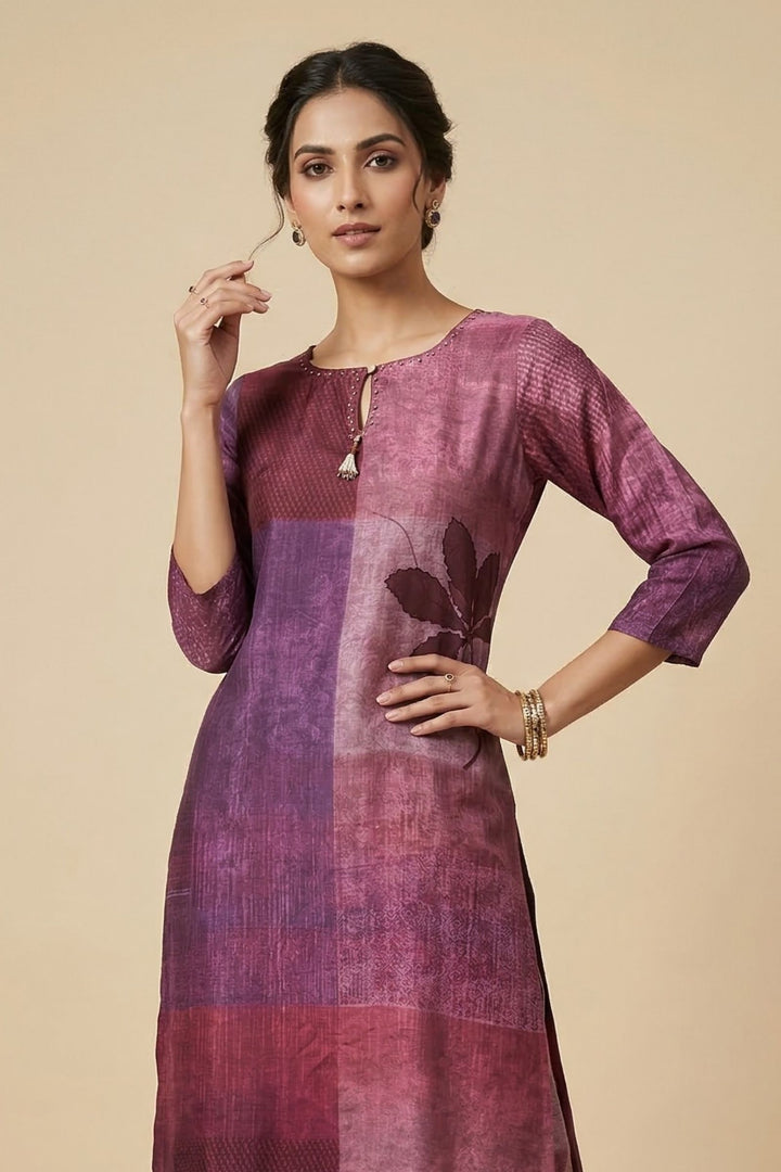 Wine Beads work Calf Length Kurti