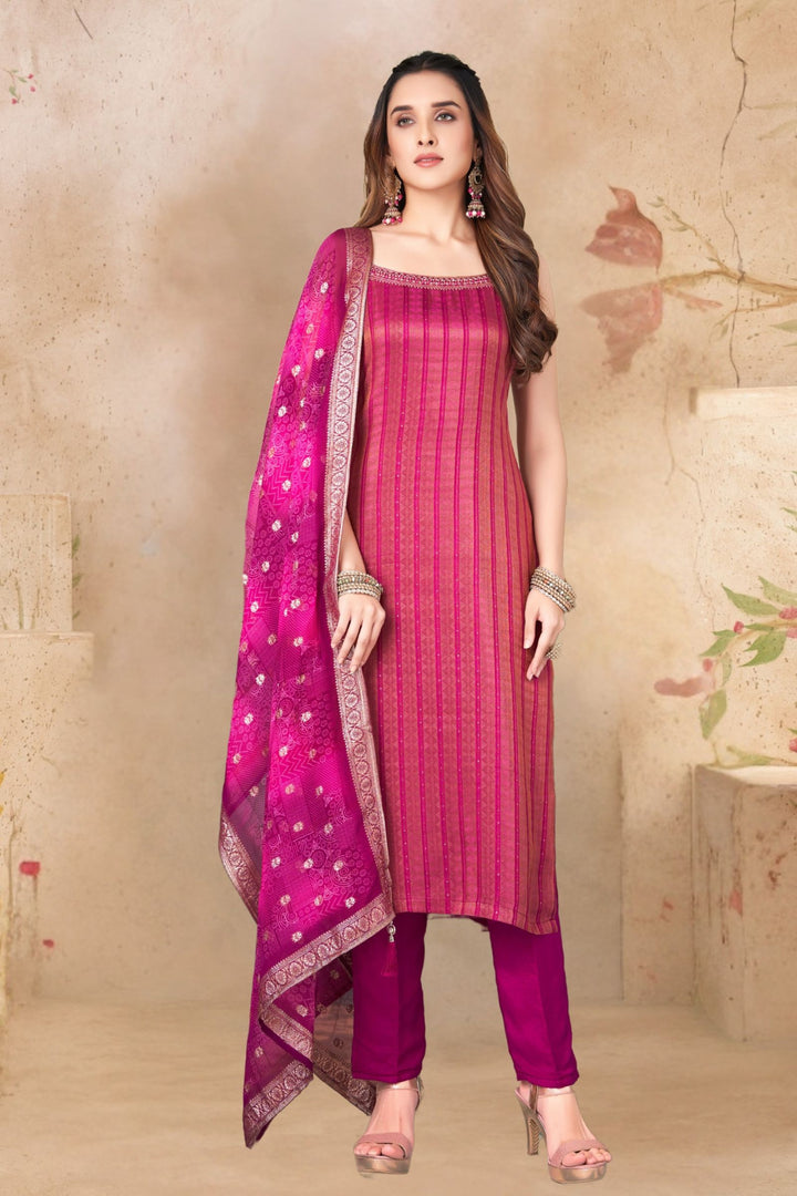 Magenta Mirror, Zardozi, Beads and Stone work Straight Cut Salwar Suit