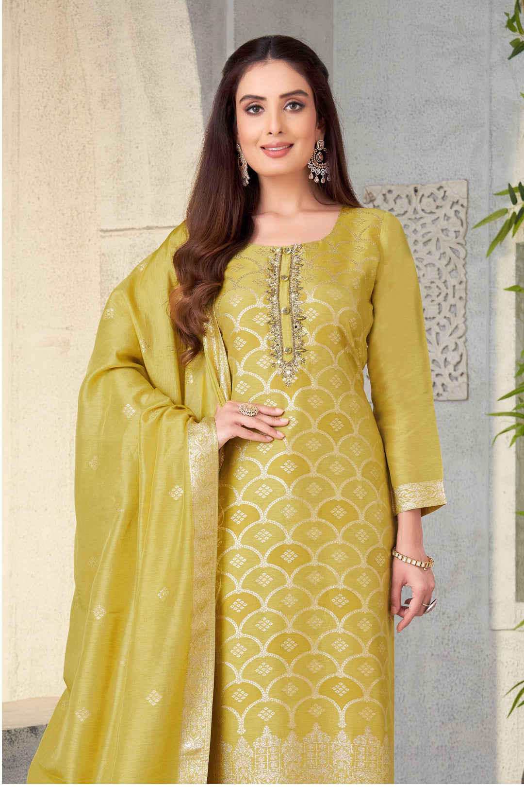 Olive Green Zardozi, Mirror, Beads and Banaras work Straight Cut Salwar Suit