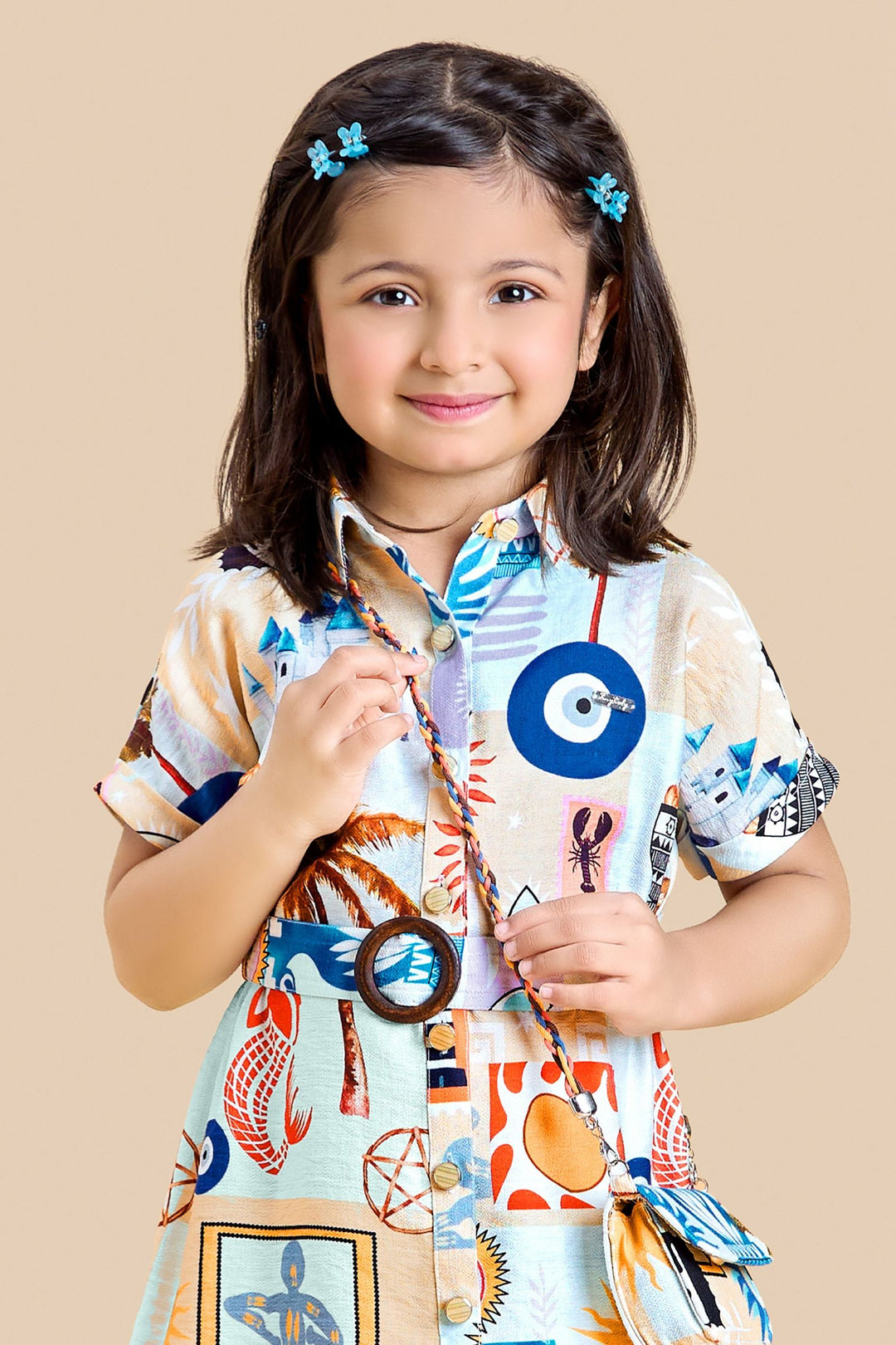 Half White with Multicolor Digital Print Short Frock for Girls