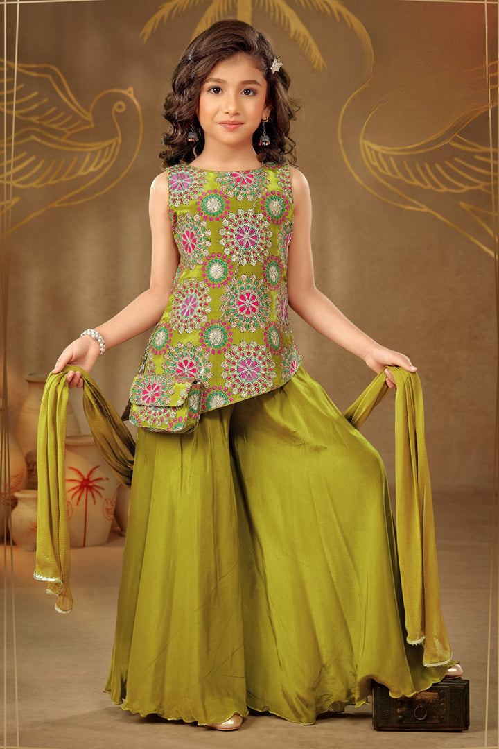 Mehendi Green Sequins and Zari work with Multicolor Digital Print Palazzo Suit Set for Girls