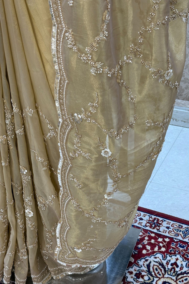 Gold Beads, Sequins, Peral and Zari work Saree