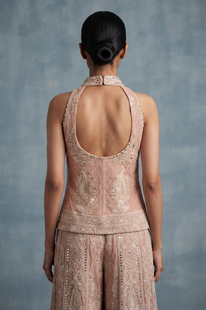 Peach Halter Neck Palazzo Set with Chikankari, Beads, Sequins, Mirror and Stone Detailing