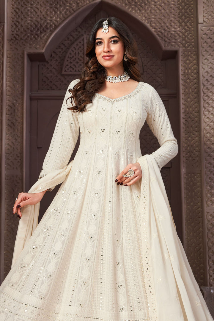 Cream Lucknowi, Sequins, Beads, Zardozi, Mirror and Stone work Floor Length Anarkali Suit