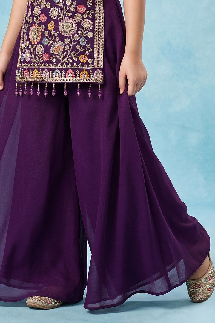 Wine Sequins, Embroidery and Beads work Palazzo Suit Set for Girls