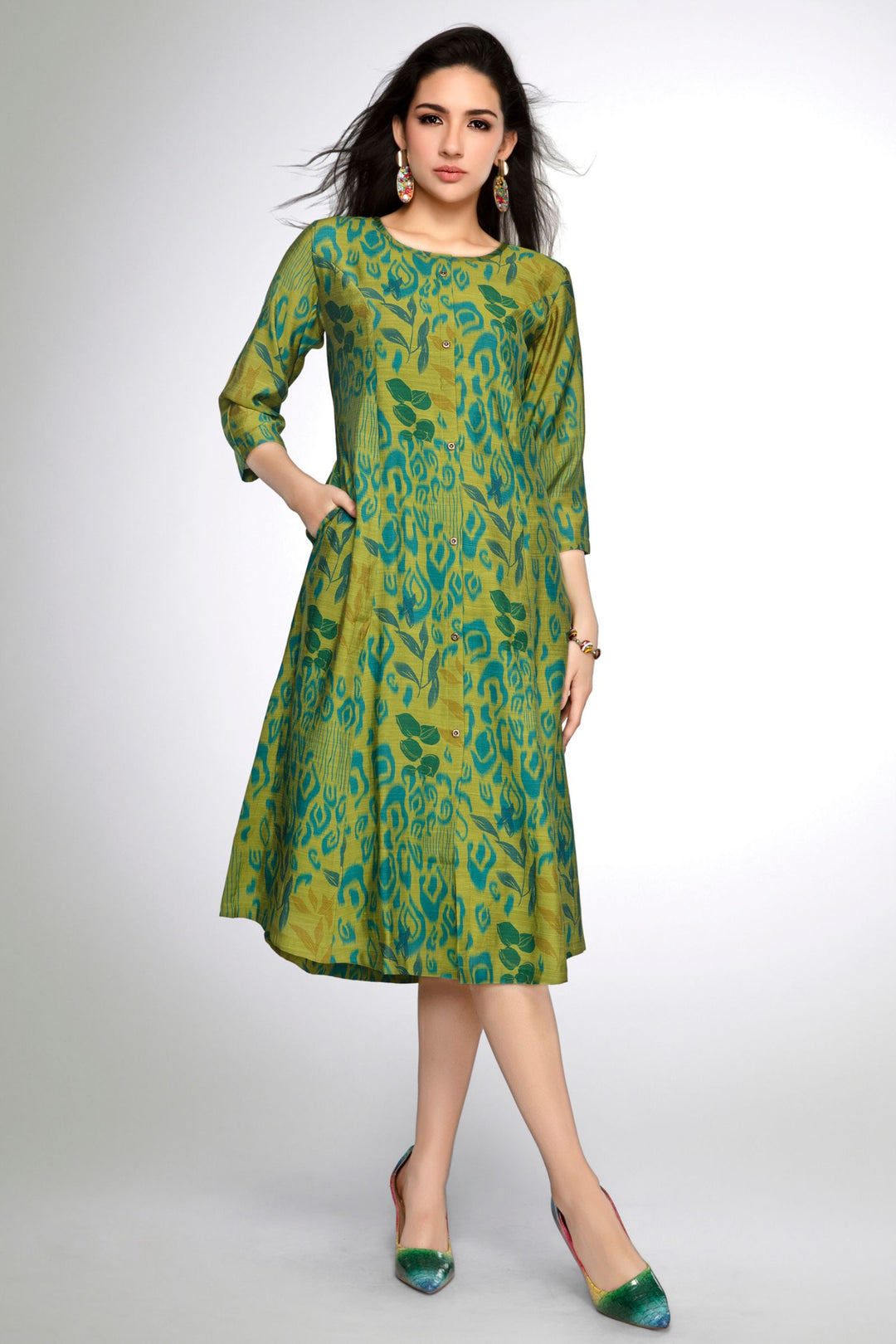 Mehendi Green Digital Print A-line Cut Calf Length Kurti