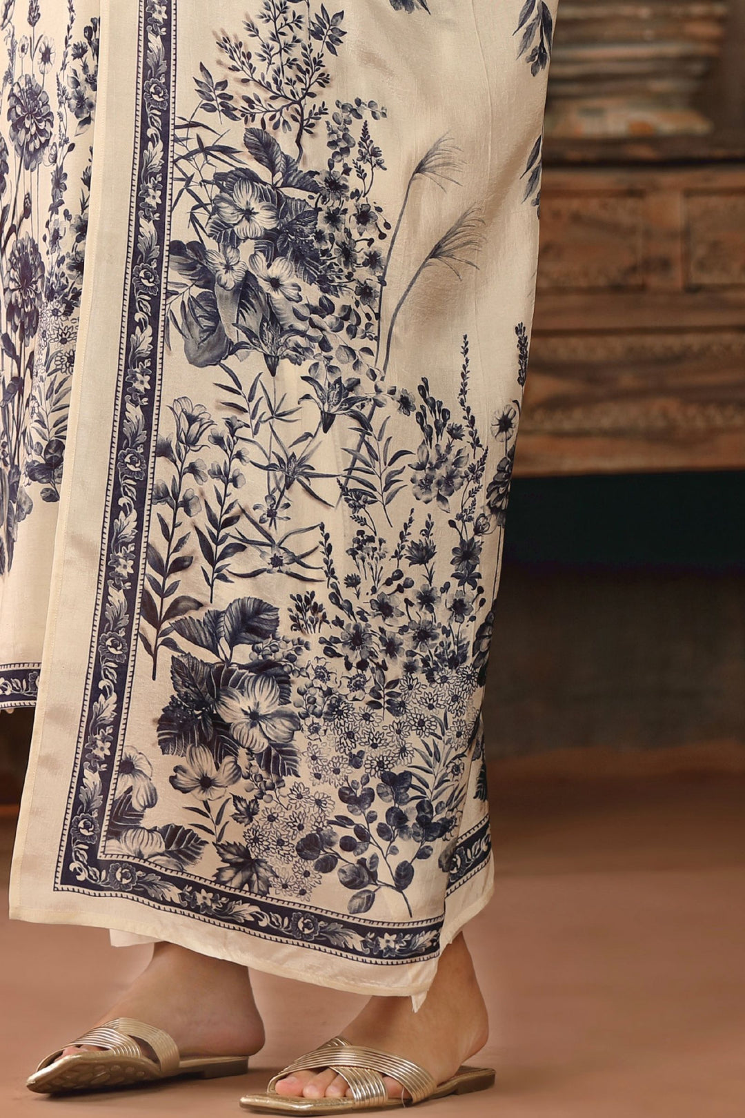 Cream Beads and Sequins work with Floral Print Straight Kurta Set