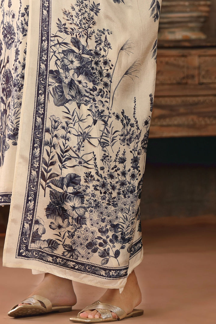 Cream Beads and Sequins work with Floral Print Straight Kurta Set