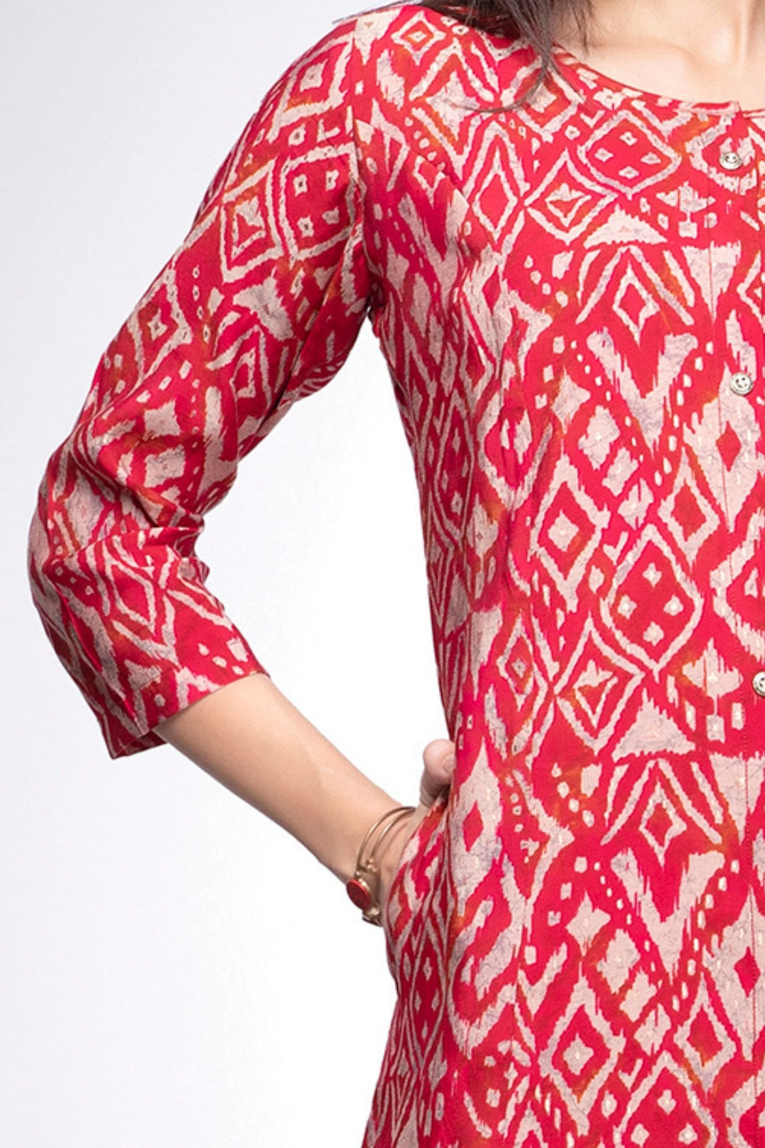 Red with Sandal Digital Print Calf Length Kurti