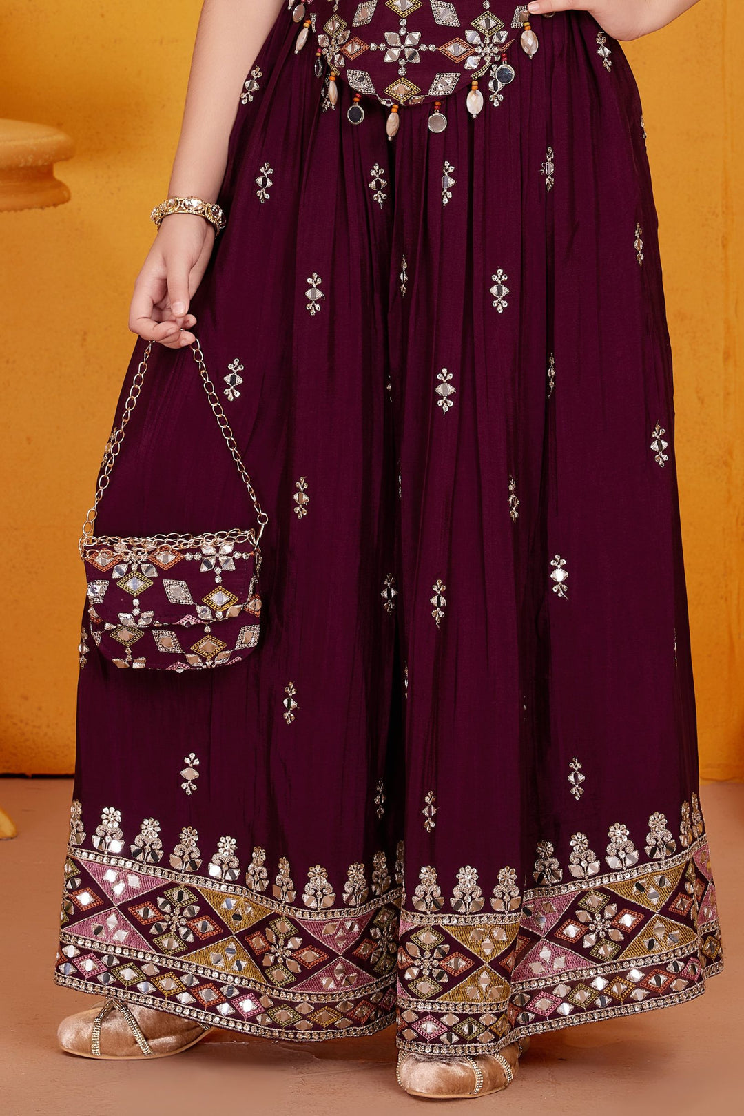 Maroon Sequins, Zari, Mirror and Stone work Palazzo Suit Set for Girls