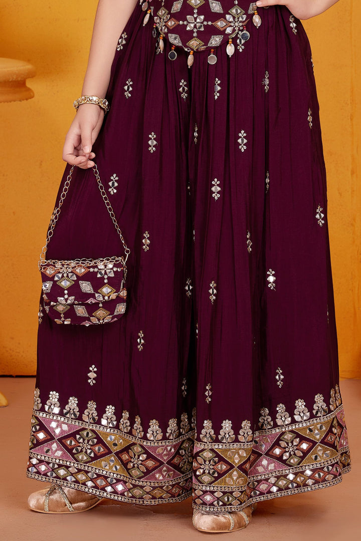 Maroon Sequins, Zari, Mirror and Stone work Palazzo Suit Set for Girls