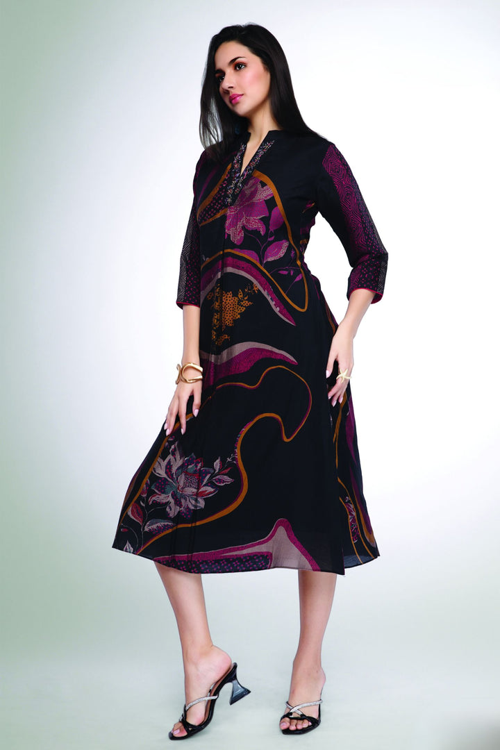 Black Multicolor Digital Print, Beads, Stone and Zardozi work Calf Length Kurti