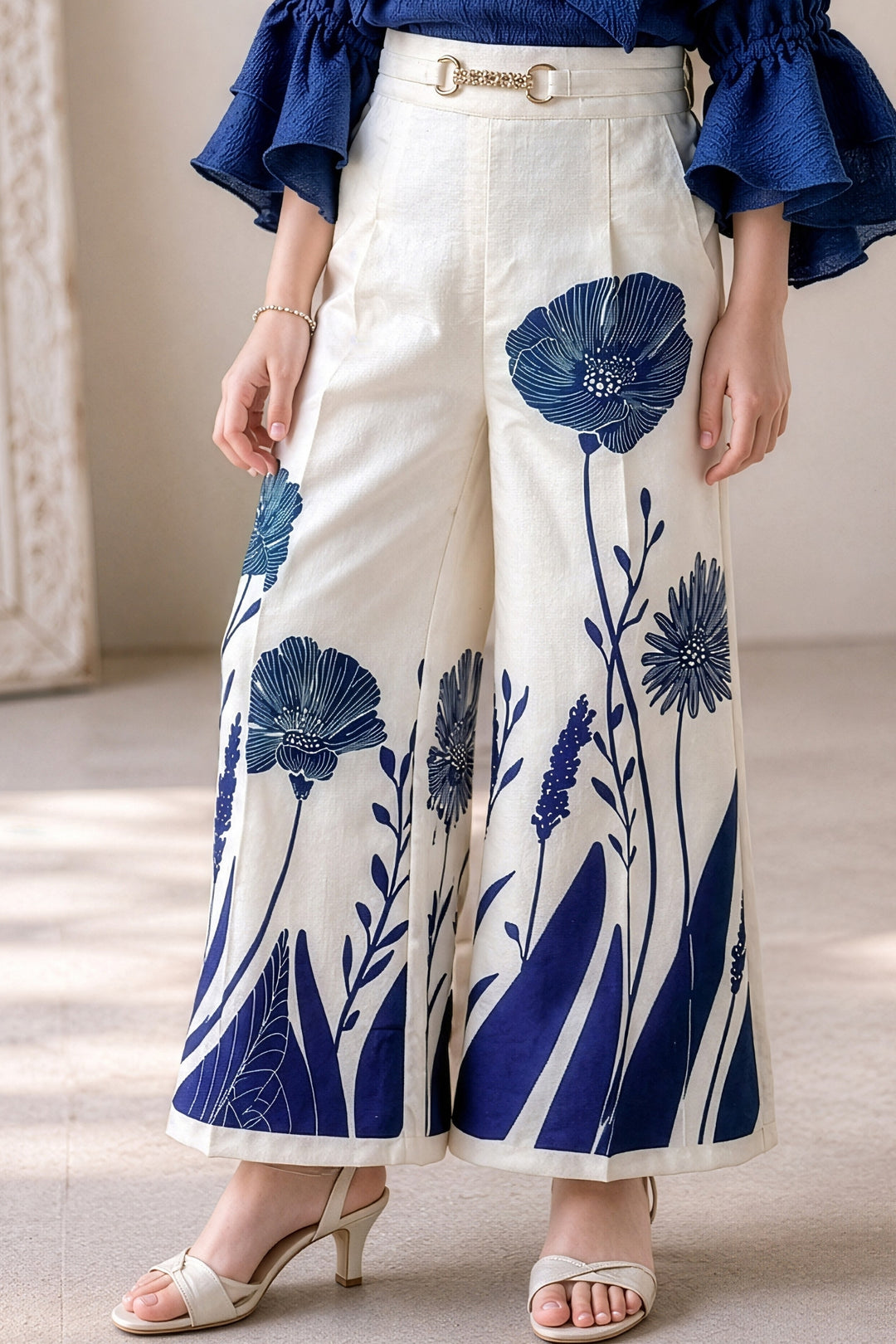 Teal Blue with Cream Top and Floral Print Palazzo Set for Girls