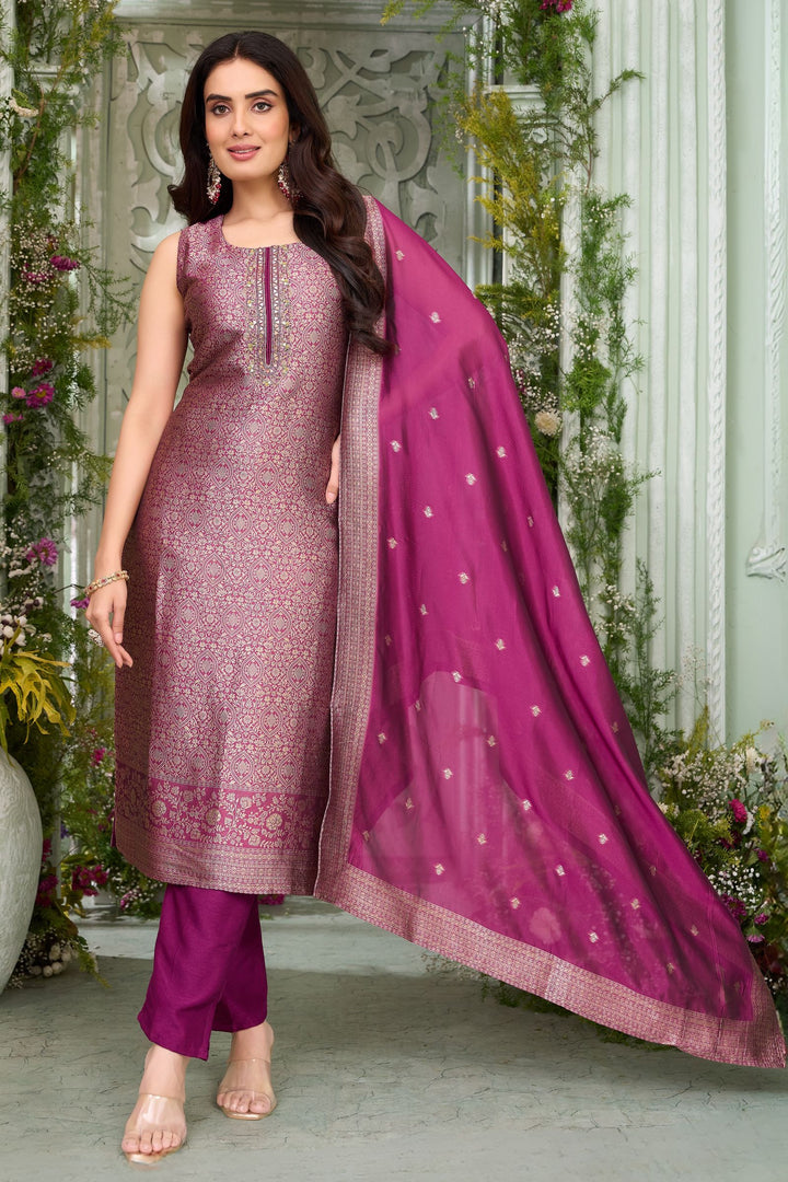 Wine Mirror, Zari, Beads, Zardozi, Stone and Brocade work Straight Cut Salwar Suit