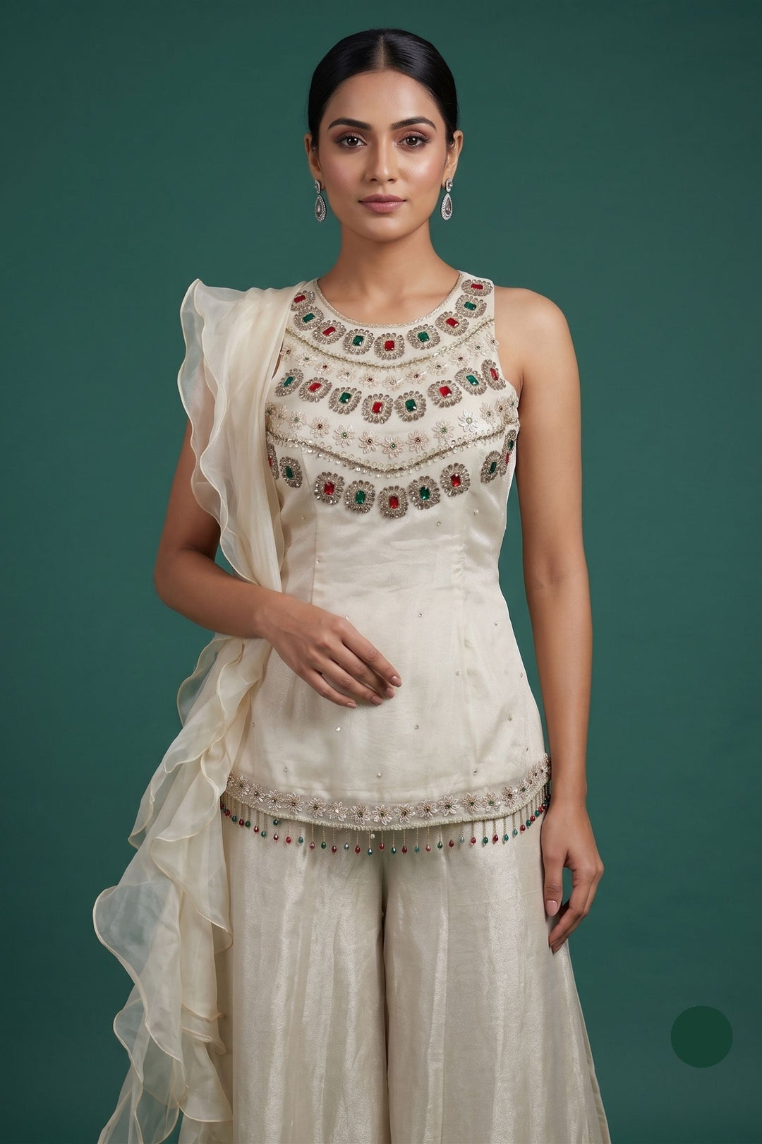 Silver Grey Palazzo Salwar Suit with Beads, Sequins and Stone Detailing