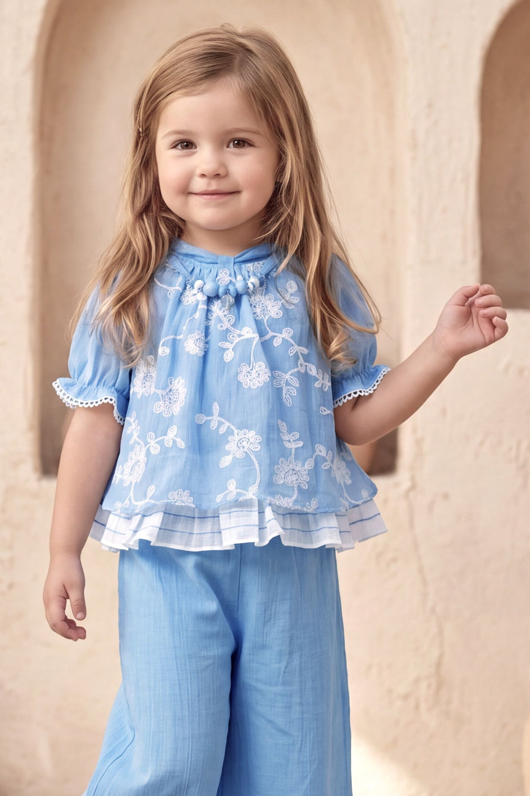 Blue with Floral Embroidery work Co-ord Set for Girls