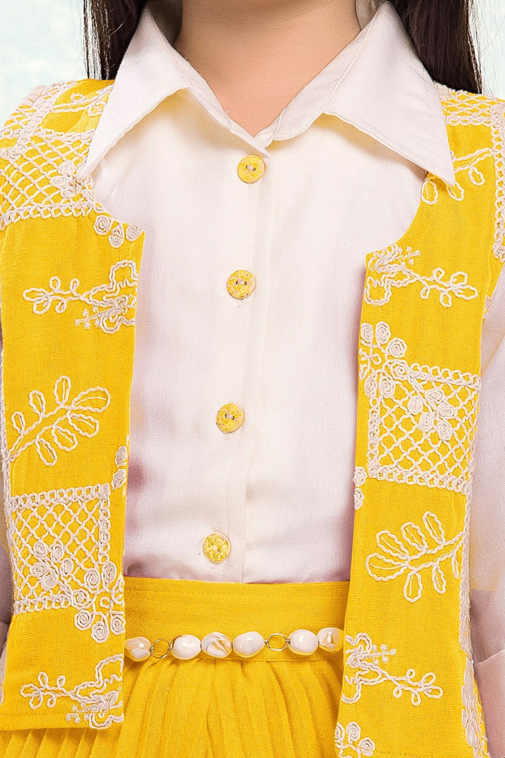 Cream with Yellow Thread work Jacket Styled Palazzo Set for Girls