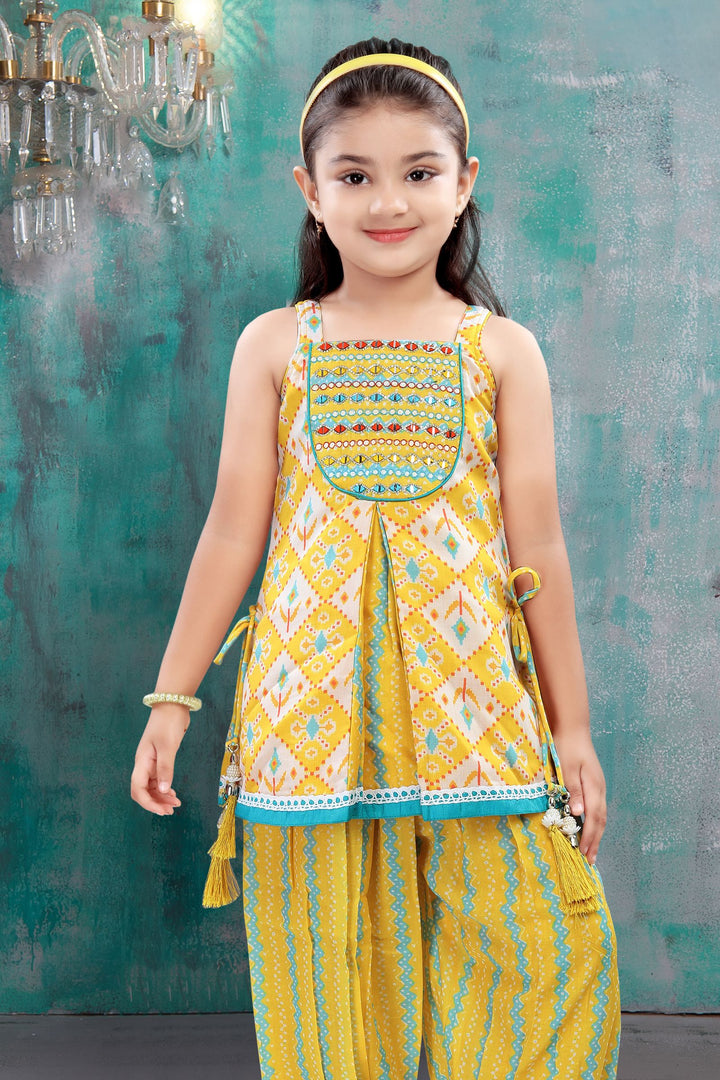 Yellow Mirror and Thread work with Multicolor Digital Print Top and Afghani Set for Girls