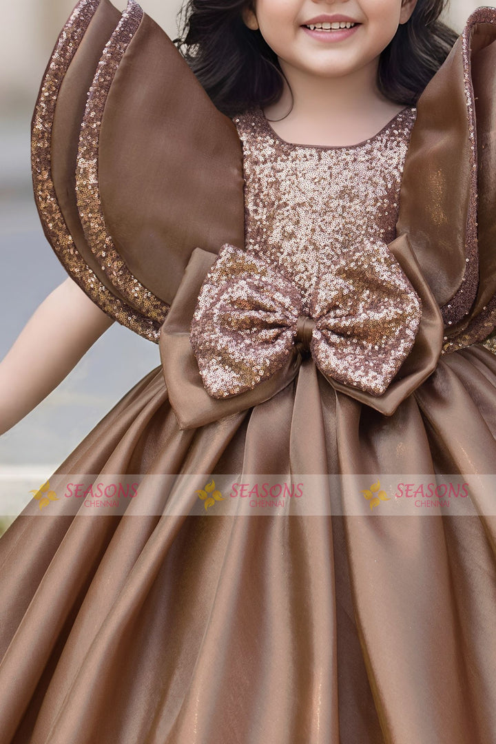 Chocolate Brown Sequins work Long Party Gown for Girls