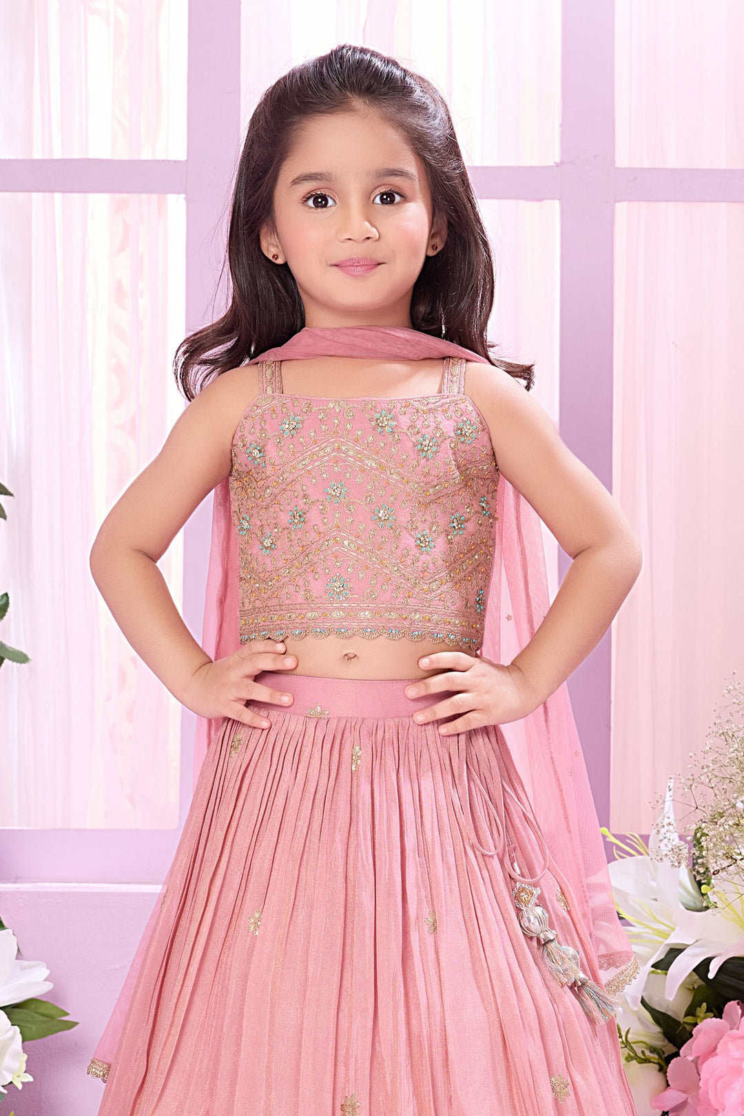 Onion Pink Sequins, Stone, Zari and Thread work Lehenga Choli for Girls